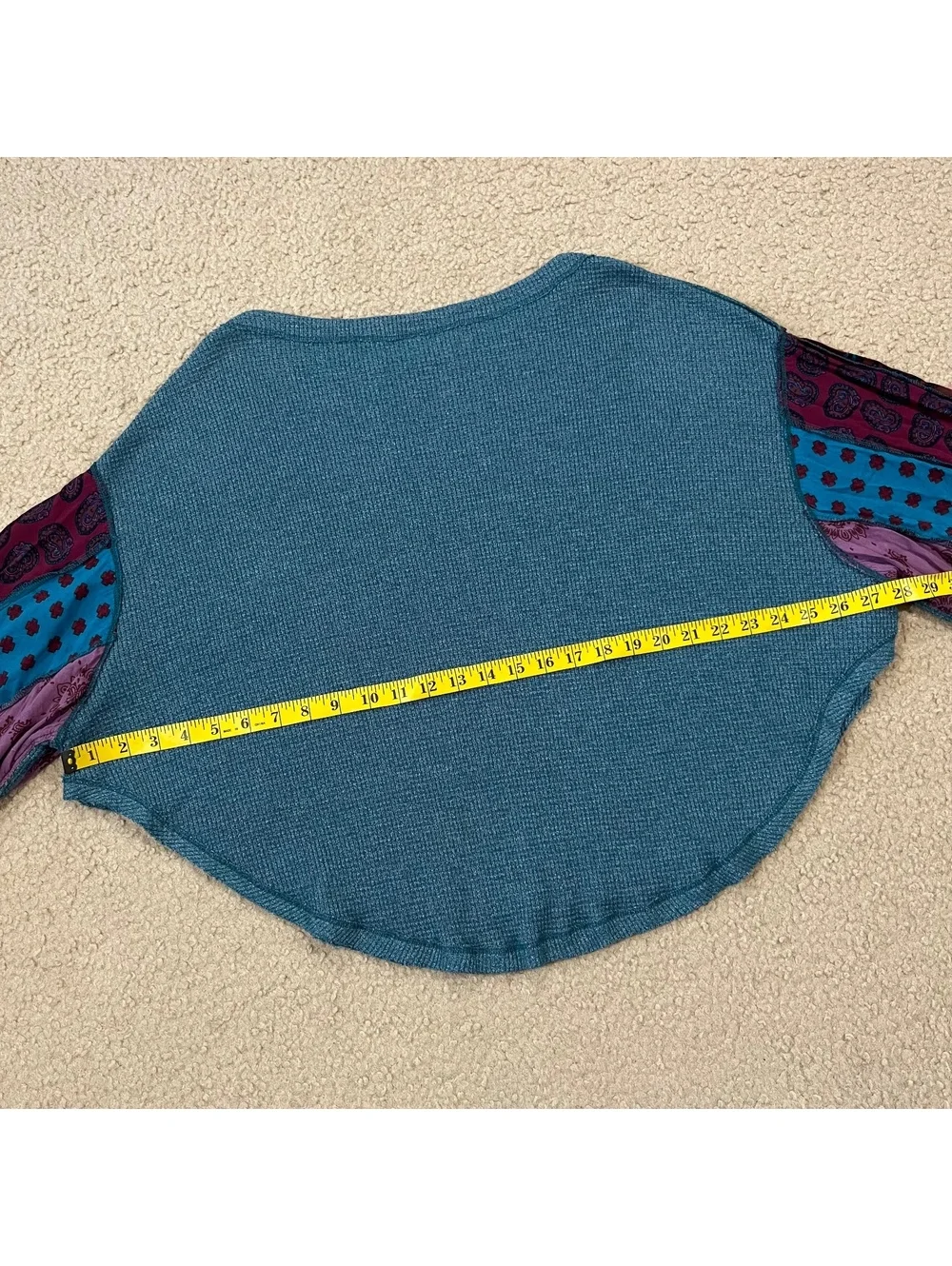 We The Free Free People Blossom Thermal Top Teal Waffle Knit Print Sleeve Size M